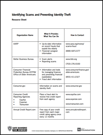 Safe Banking for Seniors Resource Sheets